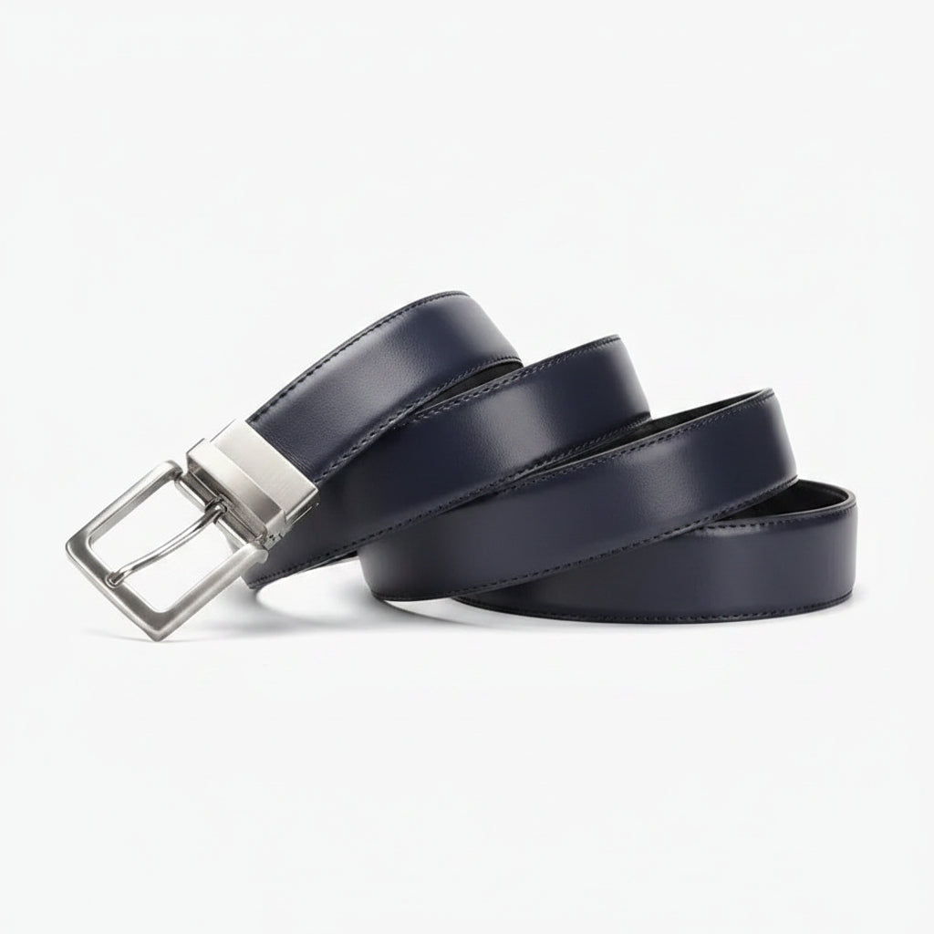 Navy blue leather belt with a silver buckle on a white background