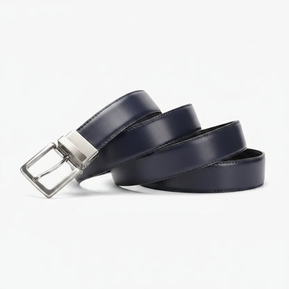 Navy blue leather belt with a silver buckle on a white background