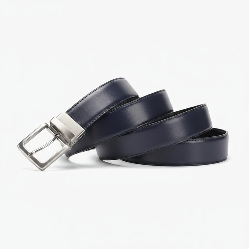 Navy blue leather belt with a silver buckle on a white background