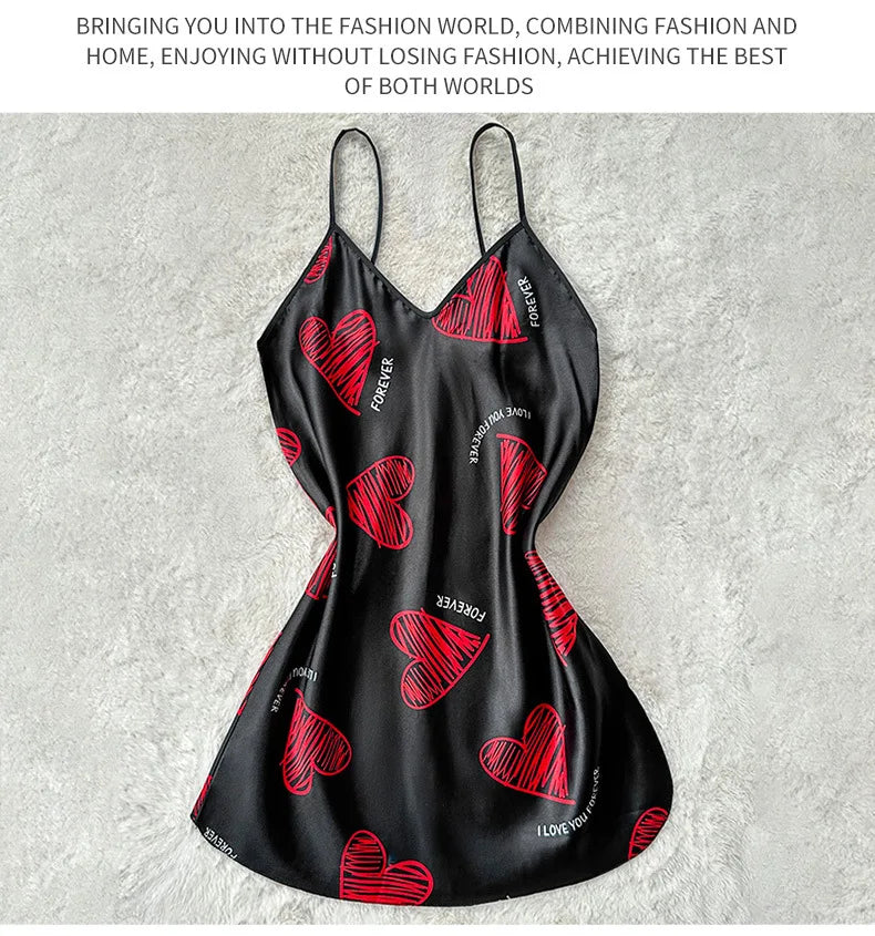 Womens Satin Lip Print Nightdress V Neck Backless Mini Sleepwear - QHA UK