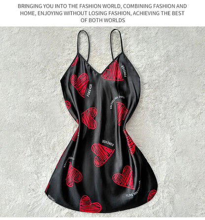 Womens Satin Lip Print Nightdress V Neck Backless Mini Sleepwear - QHA UK