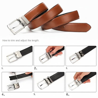 Brown leather belt with silver buckle and instructions on how to trim and adjust the length.