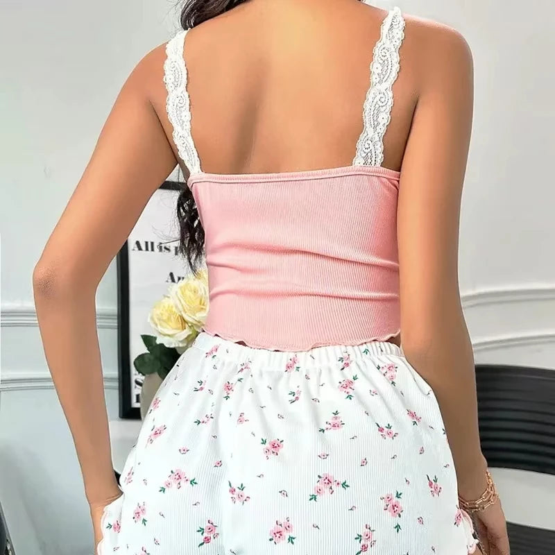 Women Lace Cami Pyjama Set Pink V-Neck Sleepwear Shorts Loungewear