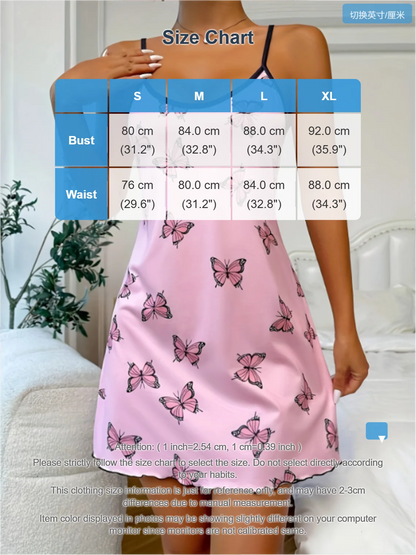 Womens Butterfly Print Nightdress Spaghetti Strap Summer Slip Nightie - QHA UK