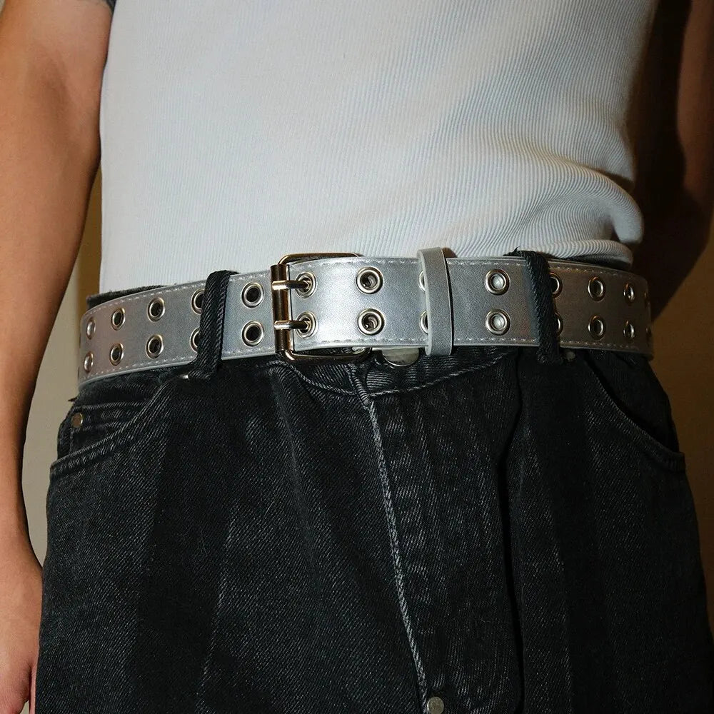 Unisex Y2K Punk Double Hole Belt PU Leather Grommet Rock Streetwear - QHA UK