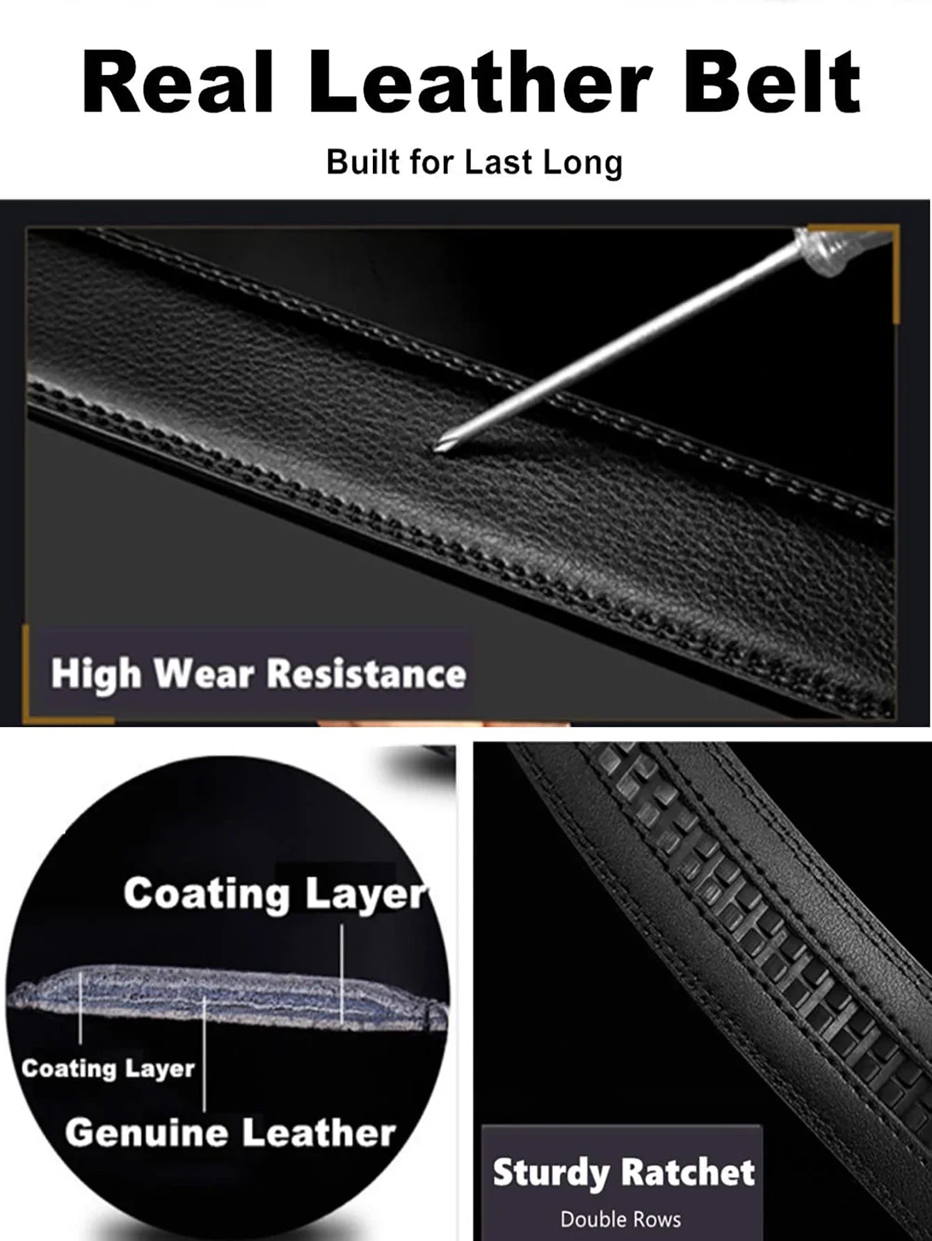 Men's Leather Ratchet Belt Automatic Buckle Black Brown Big and Tall