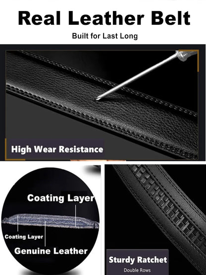 Men's Leather Ratchet Belt Automatic Buckle Black Brown Big and Tall