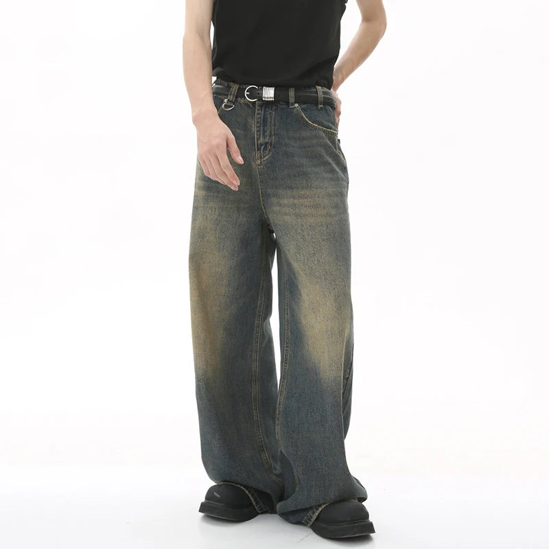 IEFB Summer Men's Denim Pants Old Blue Washed Male Jeans Straight Casual Menwear Loose Wide Leg Trousers New Fashion 9C354