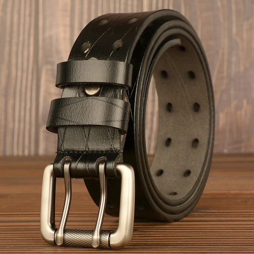 Mens Genuine Leather Belt Double Pin Buckle Cowhide Jeans Black - QHA UK