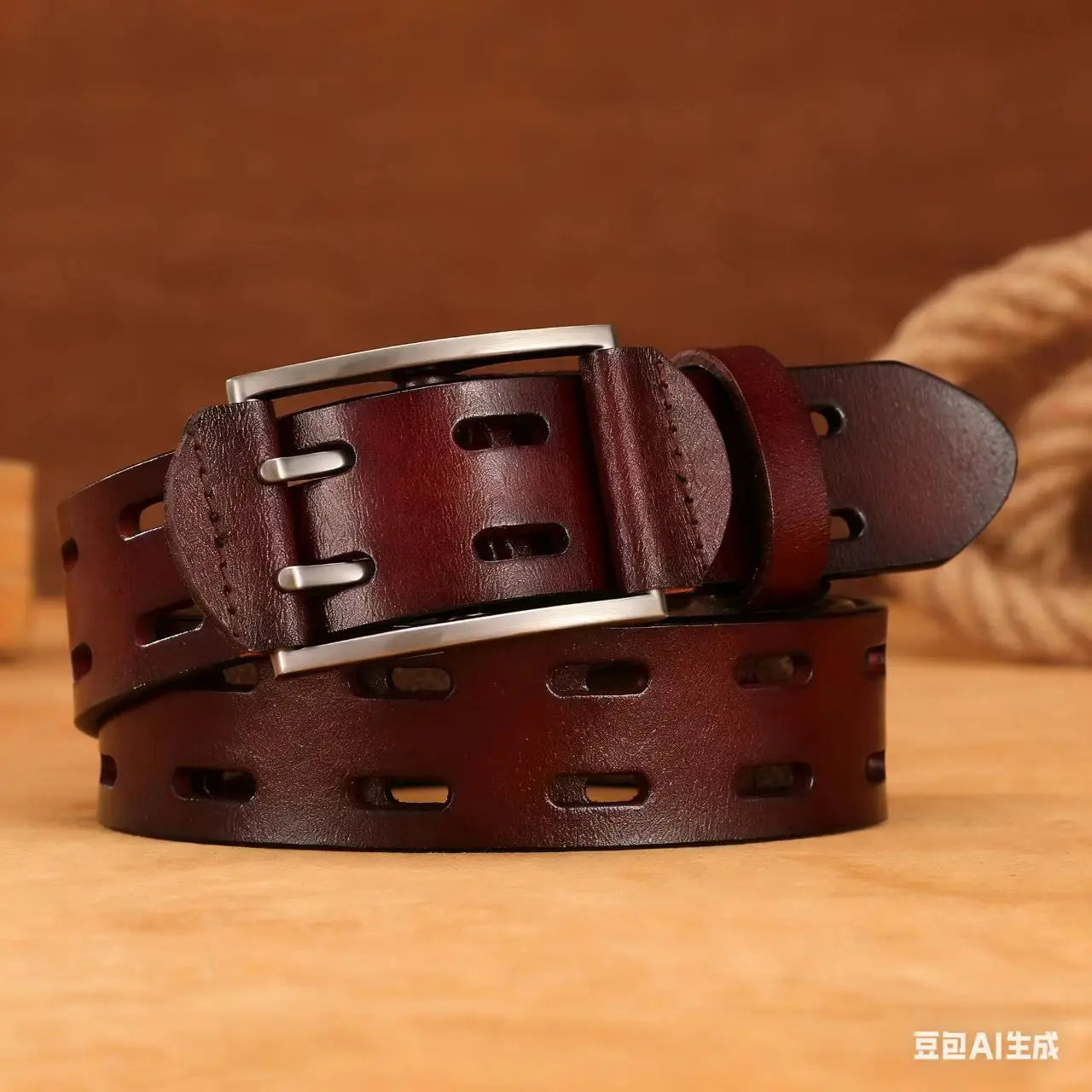 A dark brown leather belt with a silver-tone metal buckle, featuring a distinctive rectangular cutout pattern along the strap, coiled on a wooden surface.