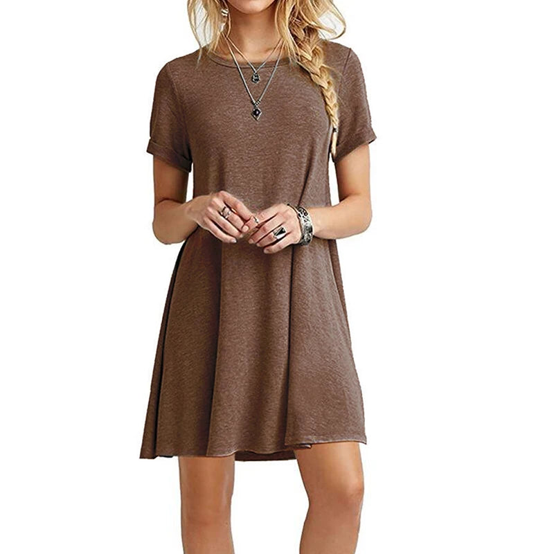 Womens Casual Loose T-Shirt Dress Vintage Print O-Neck Mini Sundress - QHA UK