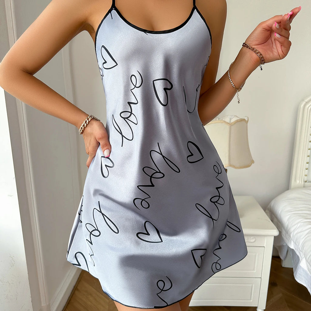Womens Heart Print Nightdress Spaghetti Strap Casual Sleep Dress - QHA UK