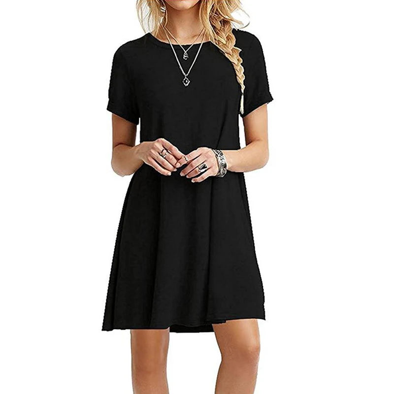 Womens Casual Loose T-Shirt Dress Vintage Print O-Neck Mini Sundress - QHA UK