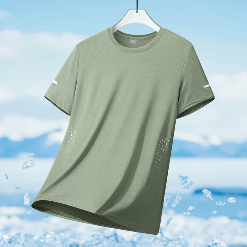 Mens Quick Dry Summer Running T-Shirt Ice Silk Breathable Reflective Gym Top