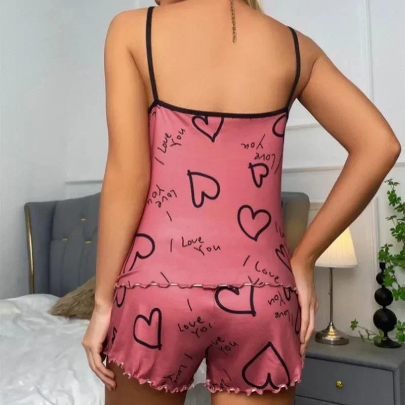 Womens Heart Print Pyjama Set Ice Silk T-Shirt Shorts Summer Sleepwear