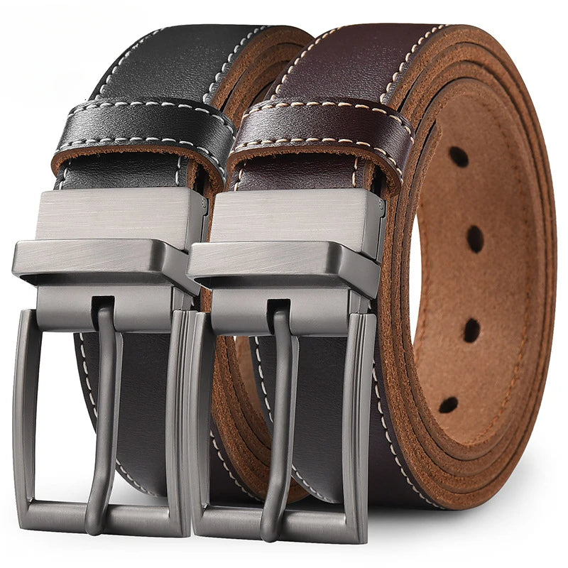 Two leather belts with silver buckles on a white background