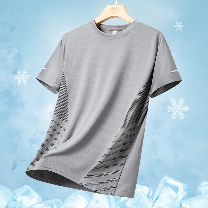 Mens Quick Dry Summer Running T-Shirt Ice Silk Breathable Reflective Gym Top