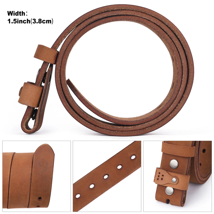 A brown leather belt coiled on a white background, with inset close-up views showing the strap width, perforations, and buckle hardware. Text at the top reads 'Width: 1.
