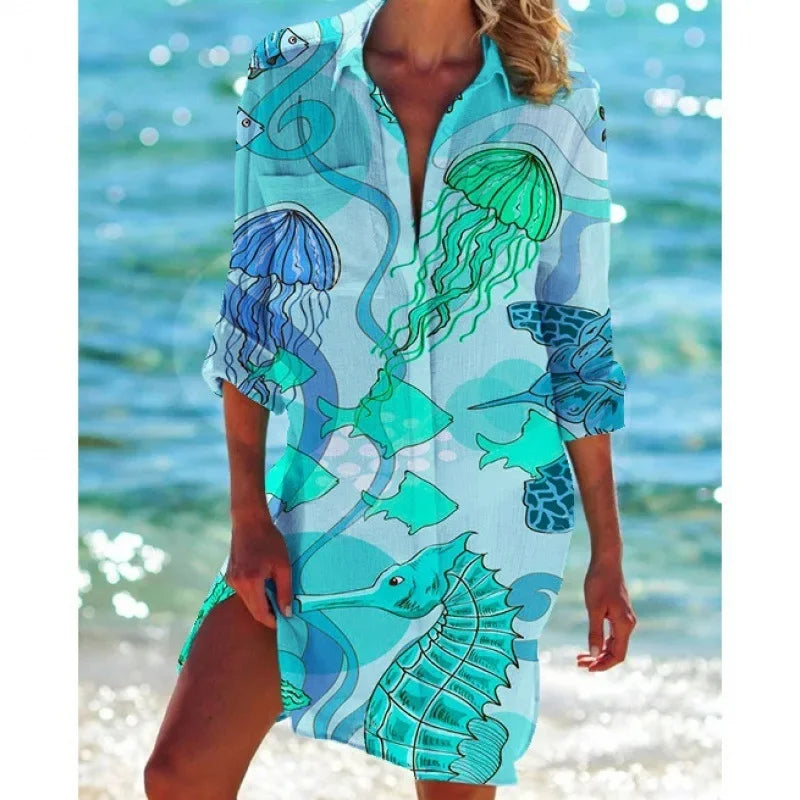 1.Boho Style Summer Cover-Up – Women's Tropical Print Beach Blouse Selection