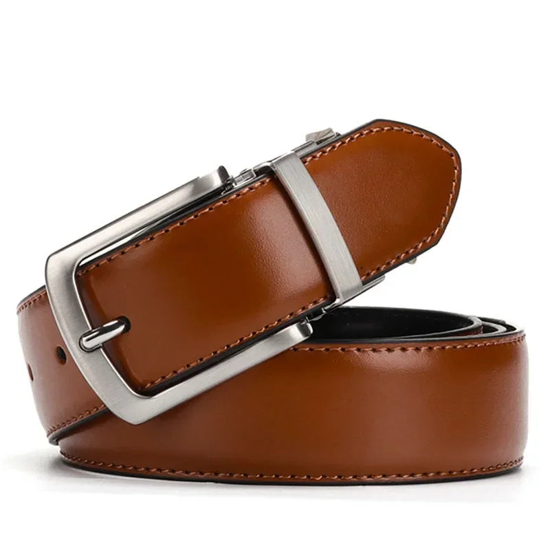 Brown leather belt with silver buckle on a white background