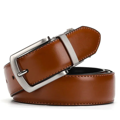 Brown leather belt with silver buckle on a white background