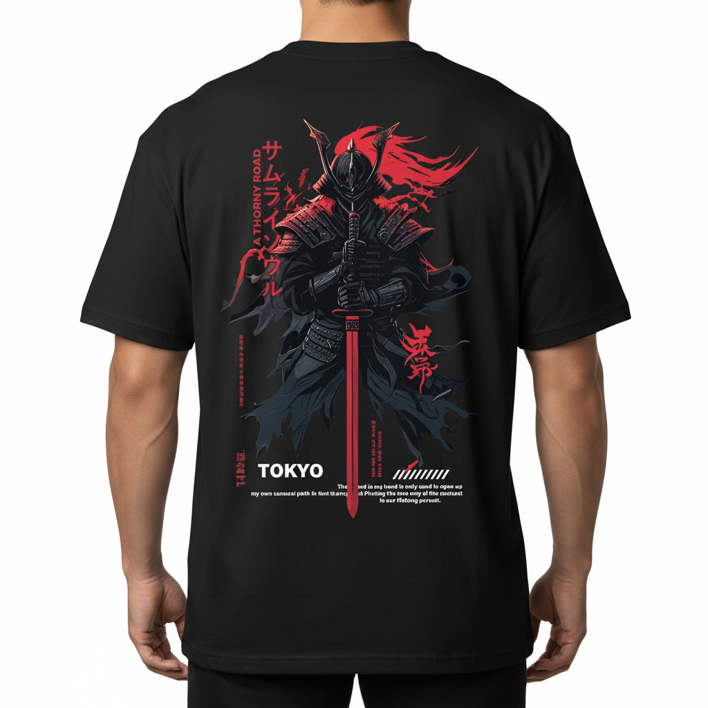 A black short-sleeve T-shirt hanging on a white hanger against a neutral gray wall. The back of the shirt features a large graphic print of a samurai warrior in dark armor holding a red sword, with red Japanese text and the word 'TOKYO' printed near the bottom.
