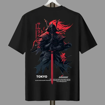 A black short-sleeve T-shirt hanging on a white hanger against a neutral gray wall. The back of the shirt features a large graphic print of a samurai warrior in dark armor holding a red sword, with red Japanese text and the word 'TOKYO' printed near the bottom.