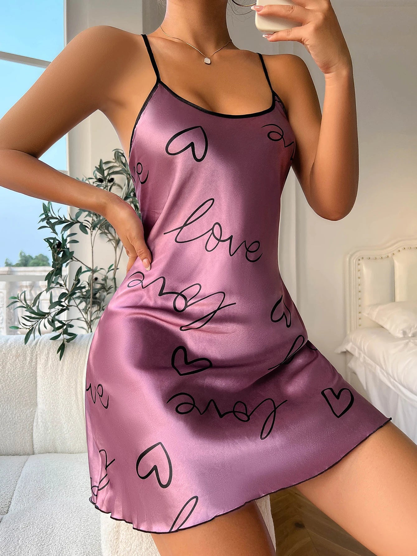 Womens Heart Print Nightdress Spaghetti Strap Casual Sleep Dress - QHA UK