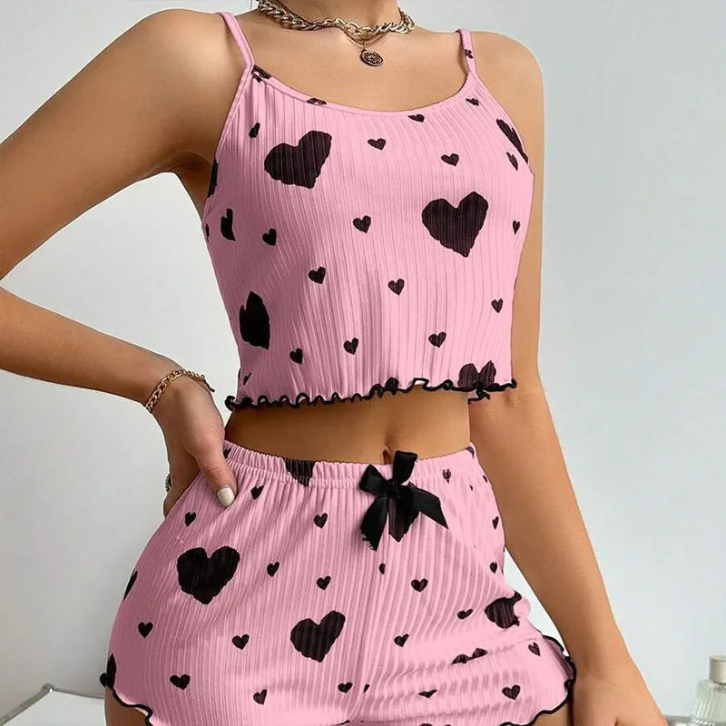 Women Love Print Pyjama Set Soft Cami Shorts Summer Nightwear UK