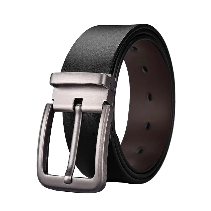 Black leather belt with silver buckle on a light gray background