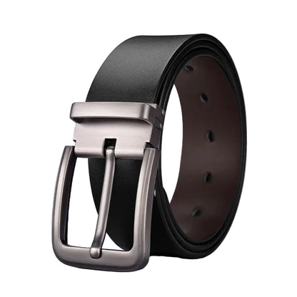 Black leather belt with silver buckle on a light gray background