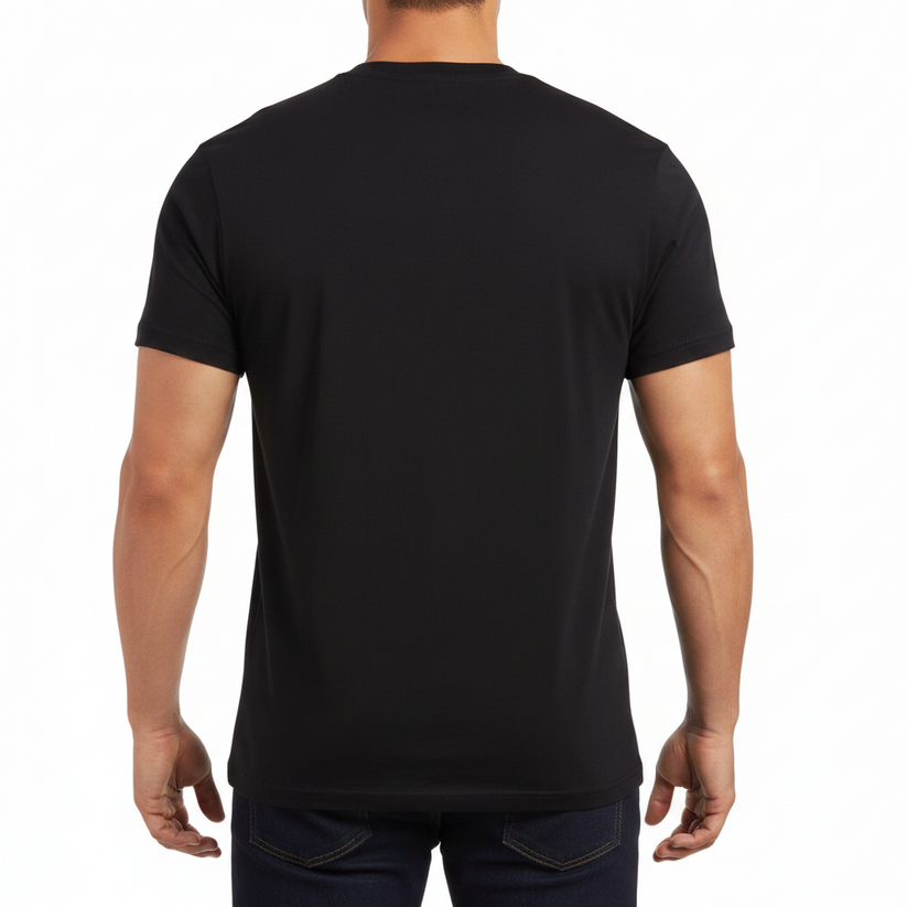 Black t-shirt on a light gray background