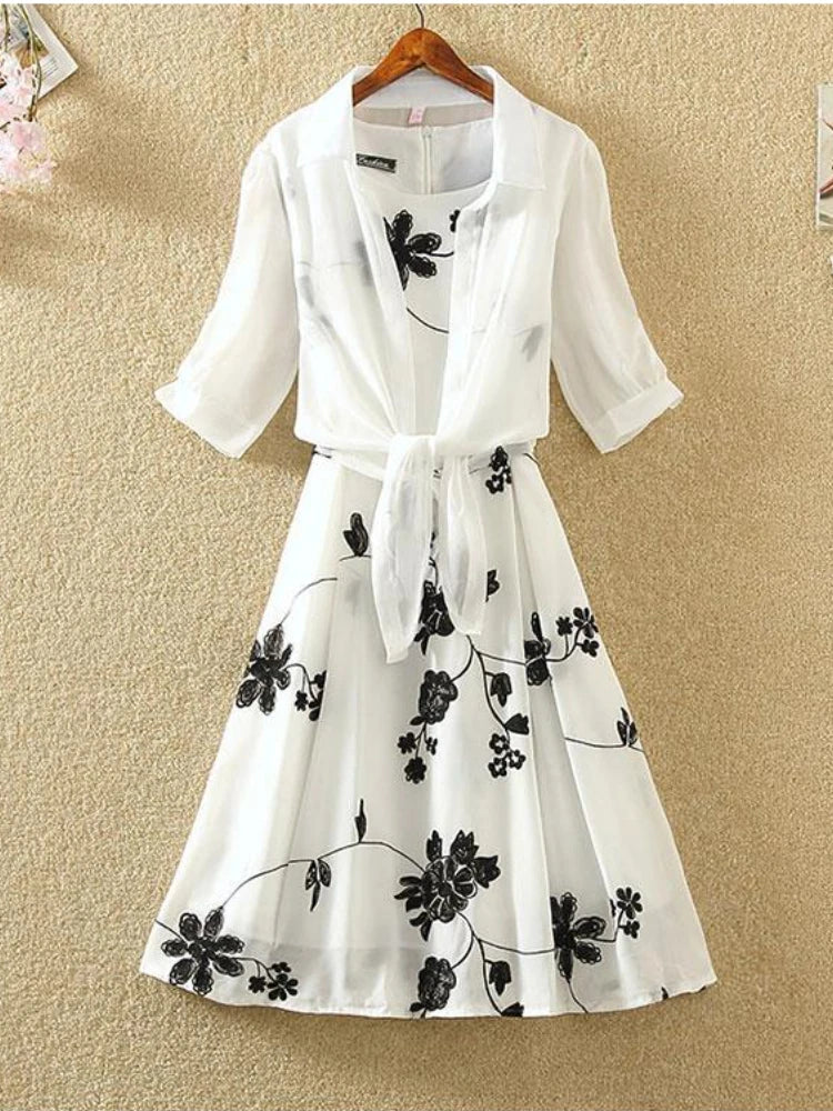 Womens Floral Embroidery Two-Piece Dress Suit Bow Belt UK 8-16