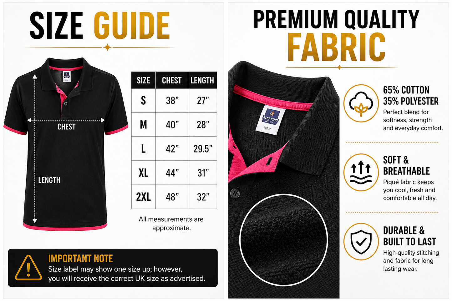 Size guide and fabric information for a black and pink polo shirt with text on quality and care.