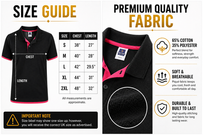 Size guide and fabric information for a black and pink polo shirt with text on quality and care.
