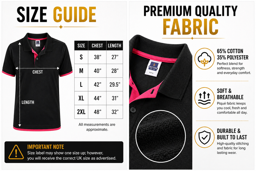 Size guide and fabric information for a black and pink polo shirt with text on quality and care.