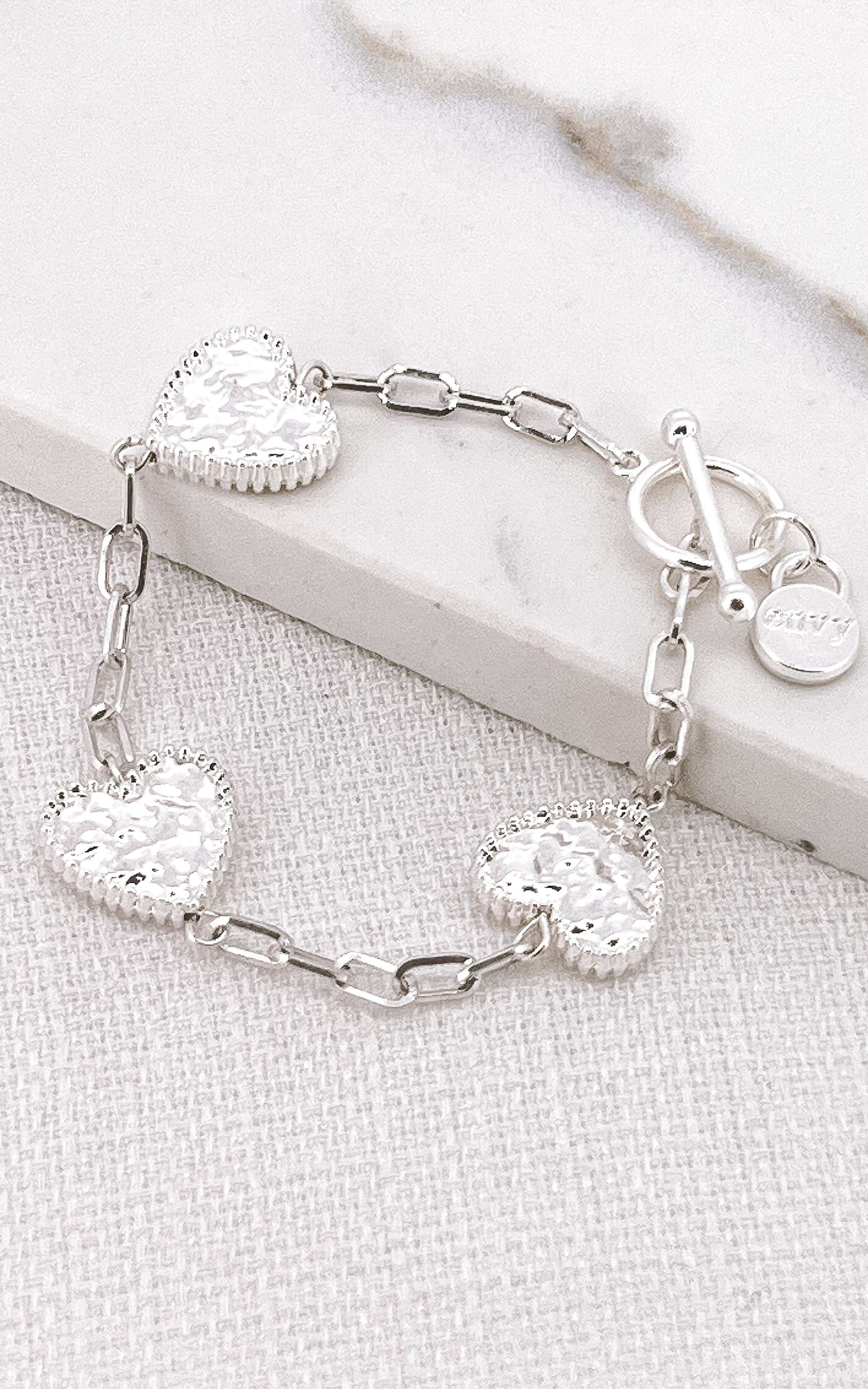 Silver Battered Heart T-Bar Bracelet | Elegant Statement Jewellery