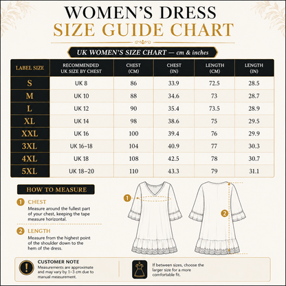 A women's dress size guide chart in cm and inches, showing size labels S through 5XL with recommended chest and length measurements, plus a small measurement diagram and instructions.