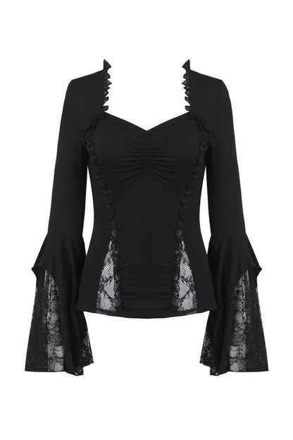 Dark In Love Jemima Black Gothic Top - Lace Bell Sleeves Sweetheart Neckline
