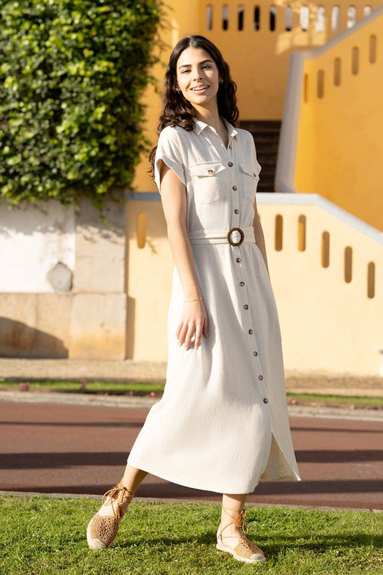 Yumi Stone Viscose Linen Look Midi Shirt Dress With Wooden Belt - QHA UK