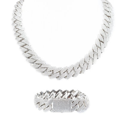 Tyresse Men's 19mm 925 Sterling Silver Iced Cuban Chain and Bracelet Set