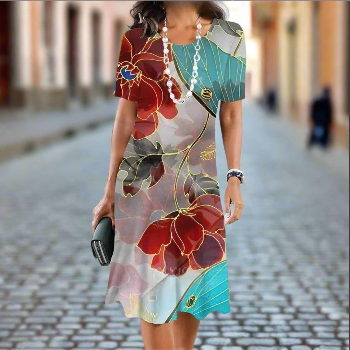 Elegant Golden Red Flowers Ladies Sun Dress