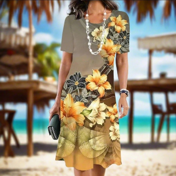 Elegant Golden Yellow Flowers Ladies Sun Dress