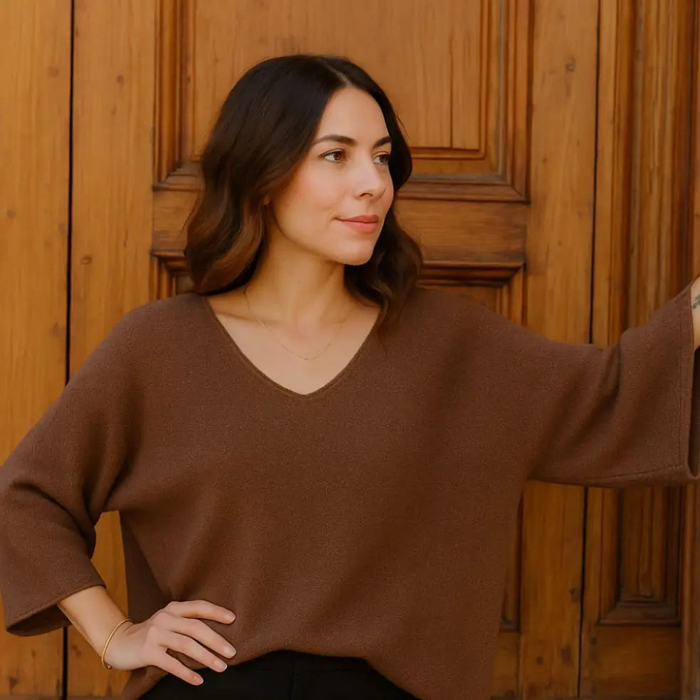 Women’s V-Neck Knit Jumper | Brown & Khaki | Sizes Up to 18