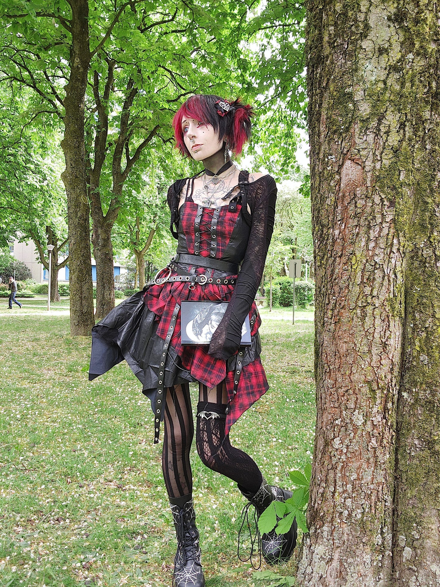 Dark in Love Red Tartan Corset Punk Dress with Handkerchief Skirt