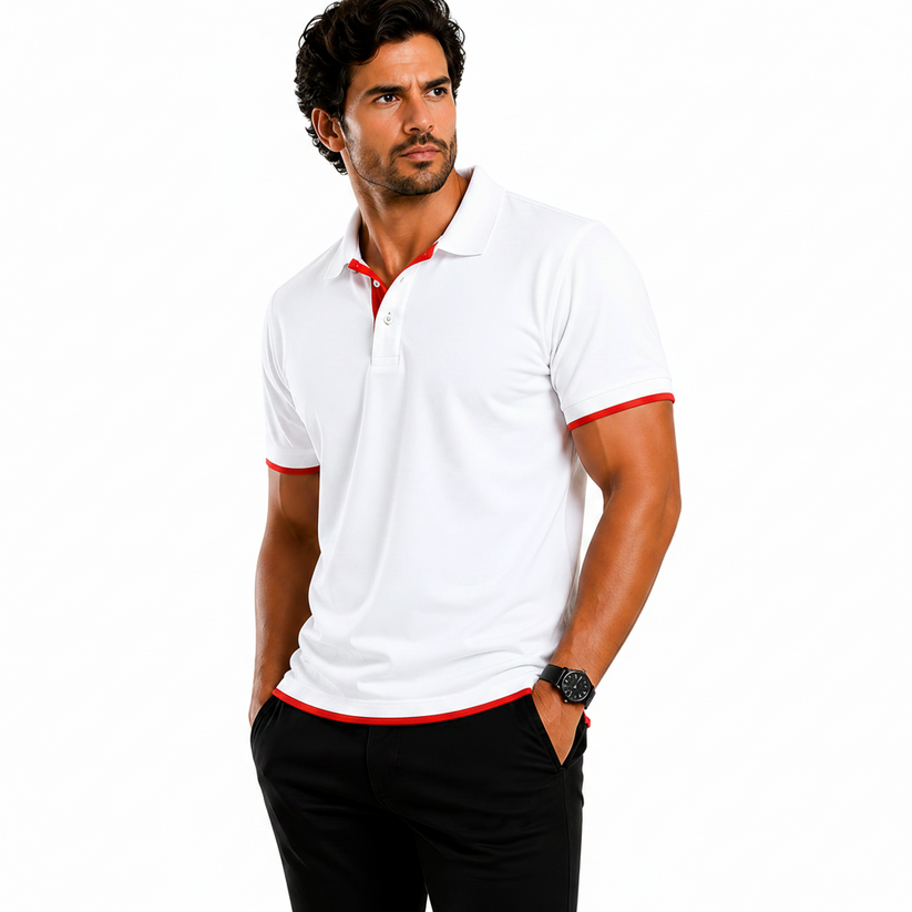 Man wearing a white polo shirt with red accents, promotional text about men's premium polo shirt features.