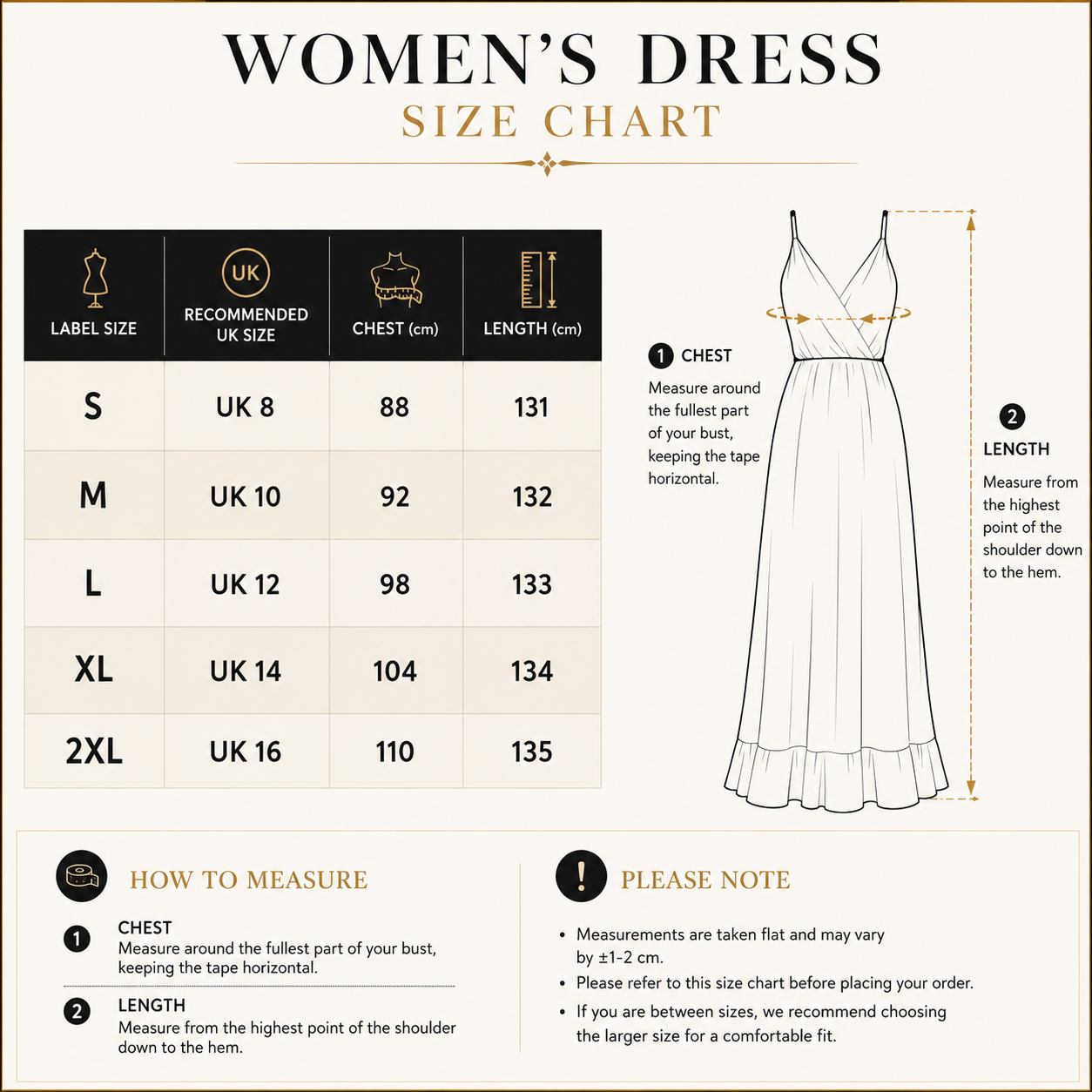 A women's dress size chart infographic with a size table from S to 2XL, measurement instructions, and a line drawing of a white sleeveless dress showing how to measure chest and length.