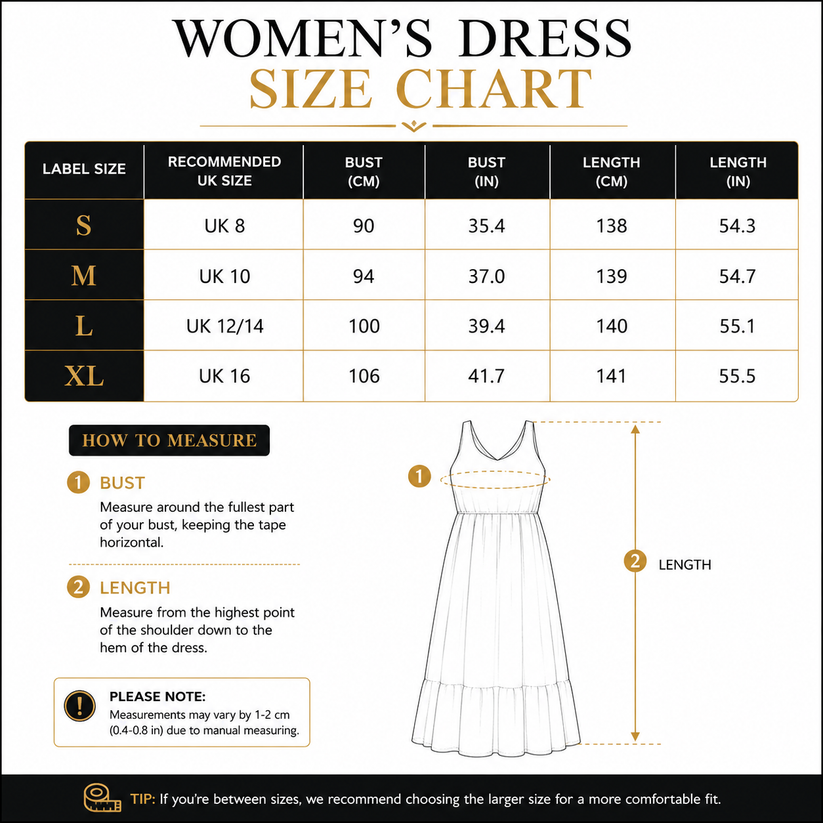 A women's dress size chart infographic showing a size table from S to XL with recommended UK sizes, bust, bust in inches, length in cm, and length in inches, plus a simple dress measurement diagram with labeled bust and length.