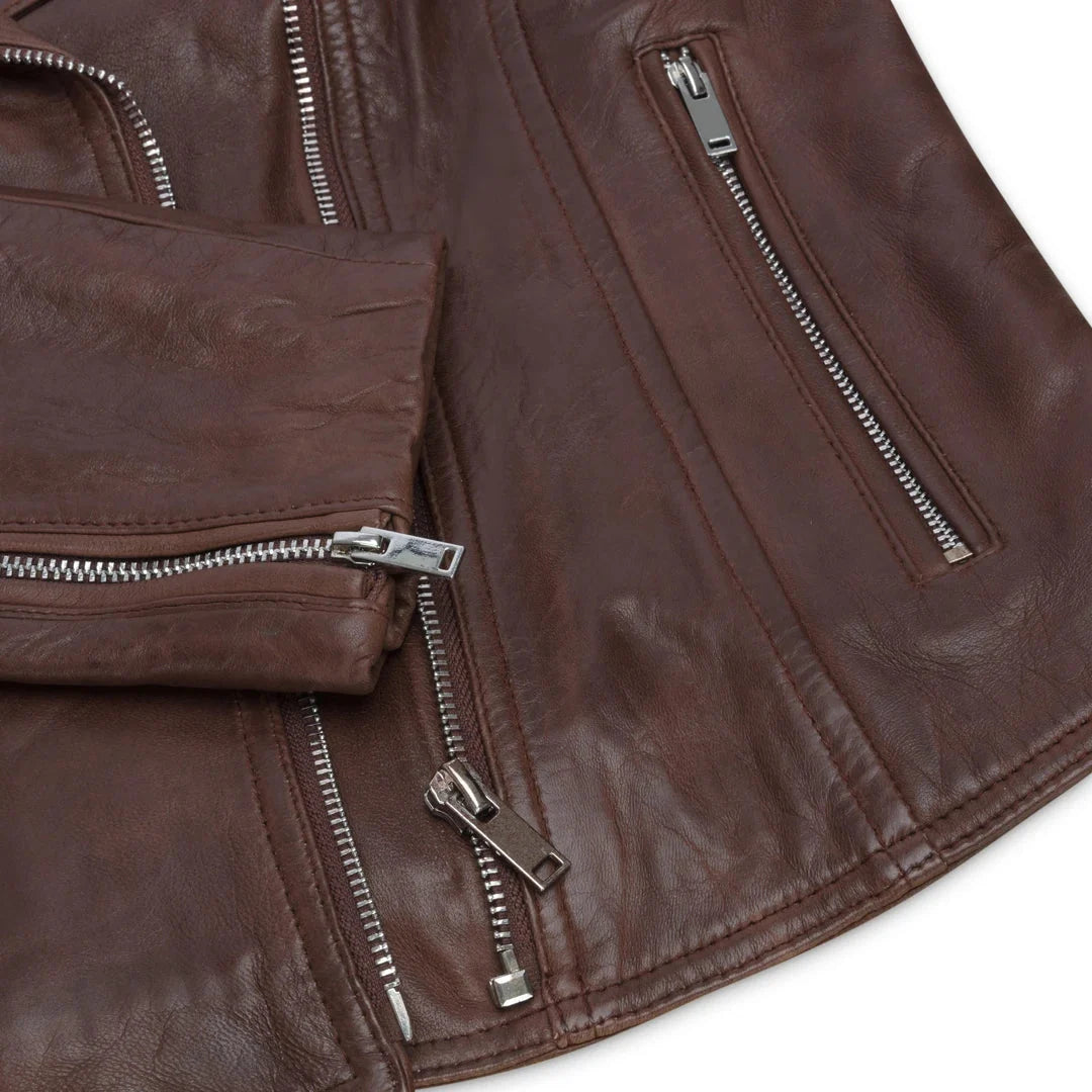 Women's Real Leather Biker Jacket Cross Zip Slim Fit Brando Style — 8 Colours