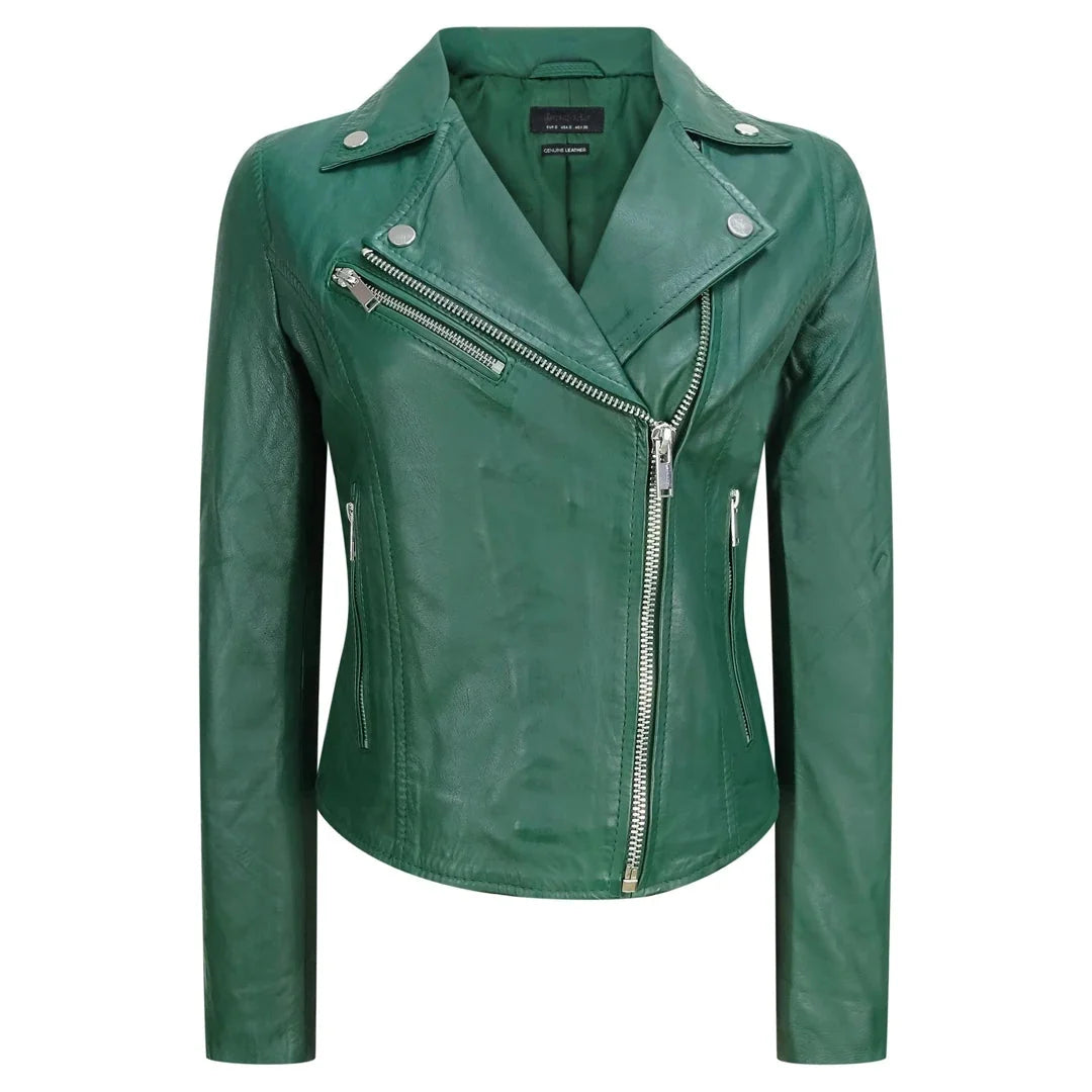 Women's Real Leather Biker Jacket Cross Zip Slim Fit Brando Style — 8 Colours